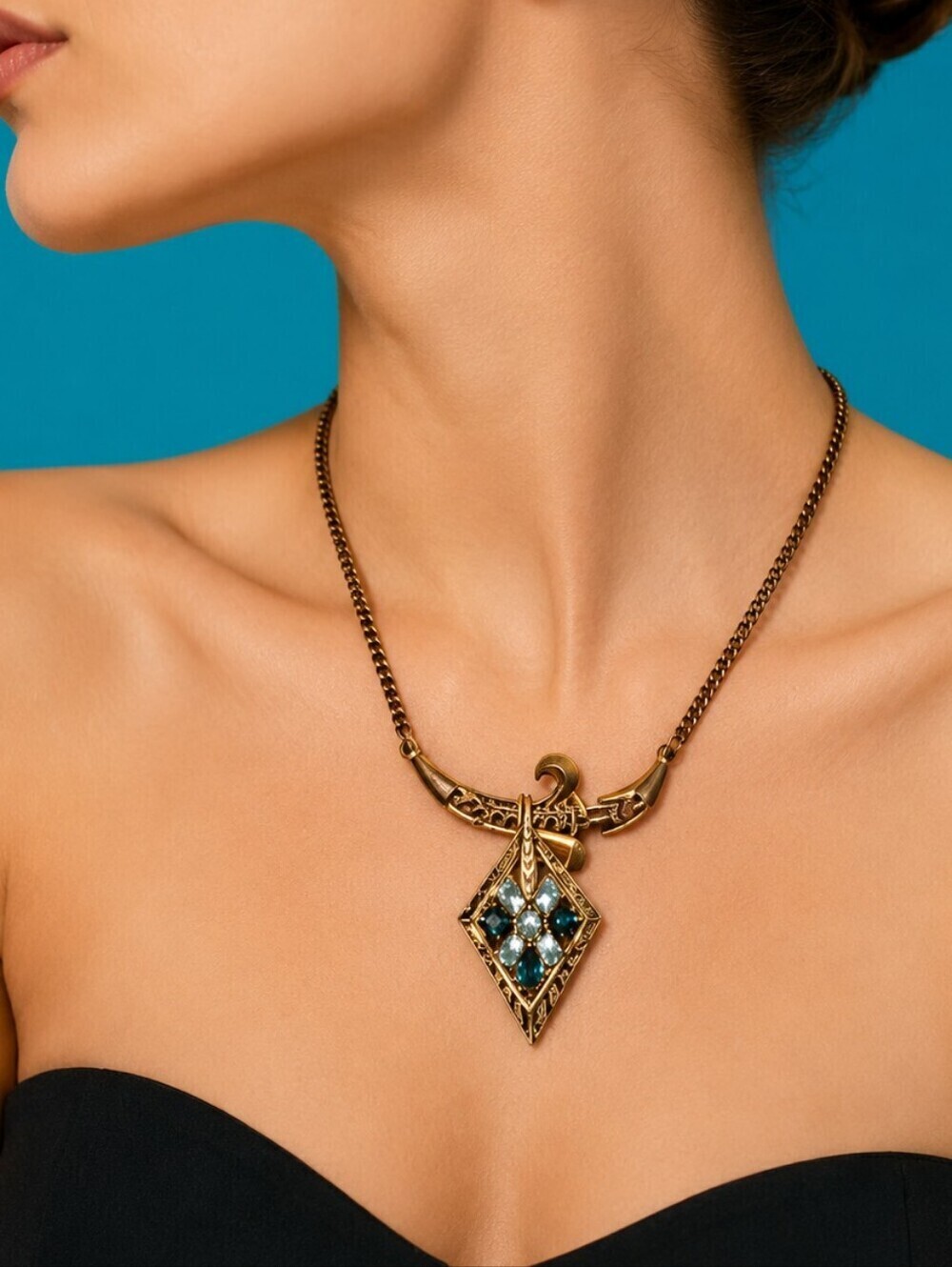 Antique Czech Icy Blue Aquamarine Glass Sword Shield Pendant Chain Necklace
